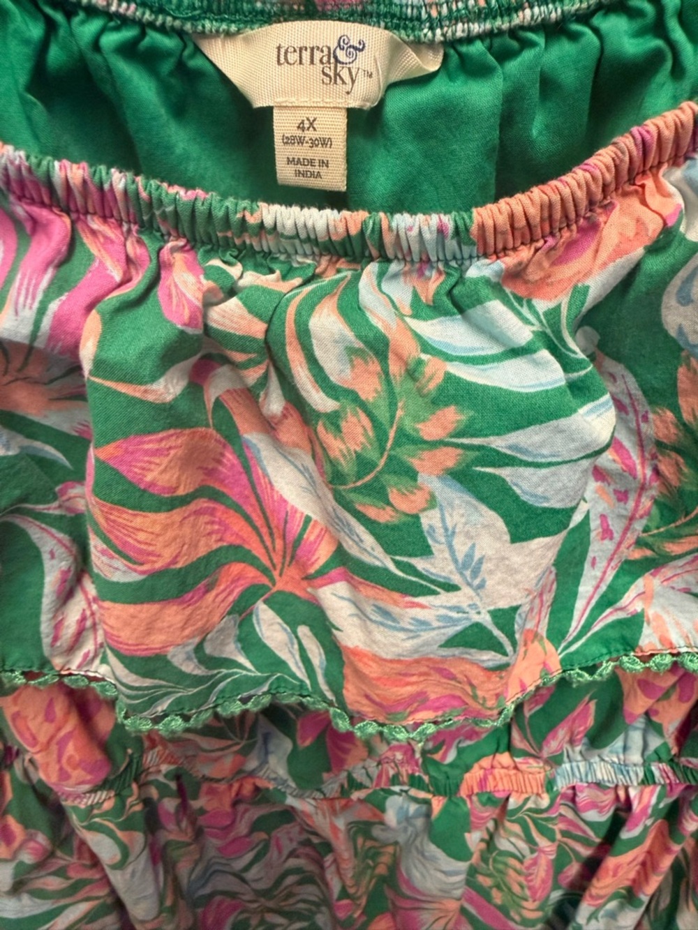 Terra & Sky Green Tropical Print Off-Shoulder Dress with Pink Accents - Picture 2 of 4